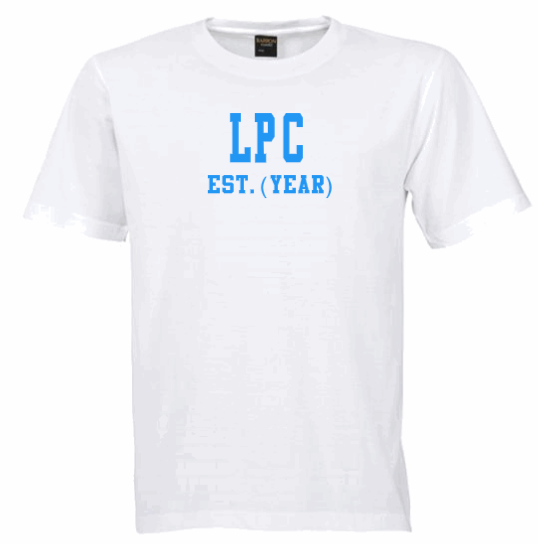 LPC EST. (YEAR) White Crew Tee (Blue Letters)