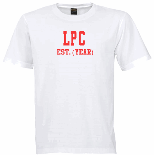 LPC EST. (YEAR) White Crew Tee (Red Letters)