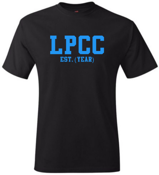 LPCC EST. (YEAR) Black Crew Tee (Blue Letters)