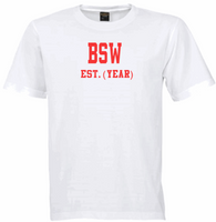 BSW EST. (YEAR) White Crew Tee (Red Letters)