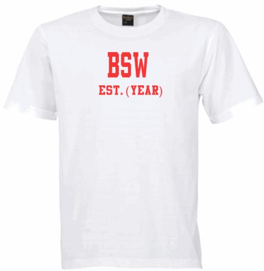 BSW EST. (YEAR) White Crew Tee (Red Letters)