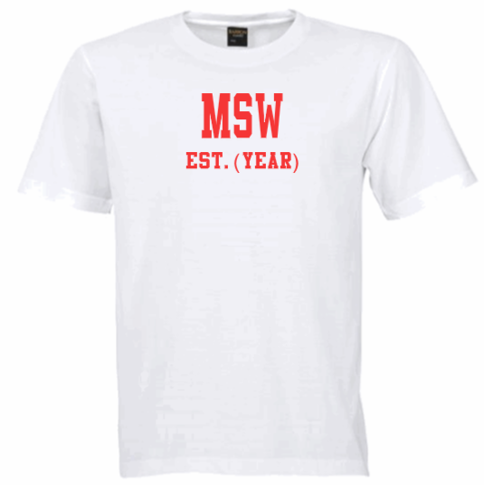 MSW EST. (YEAR) White Crew Tee (Red Letters)